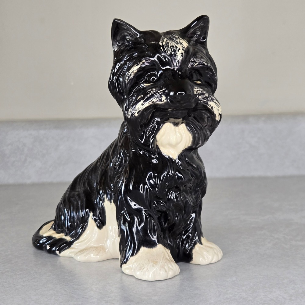 Vintage Ceramic Scottie Dog Figurine, Black and White Scottish Terrier Decor